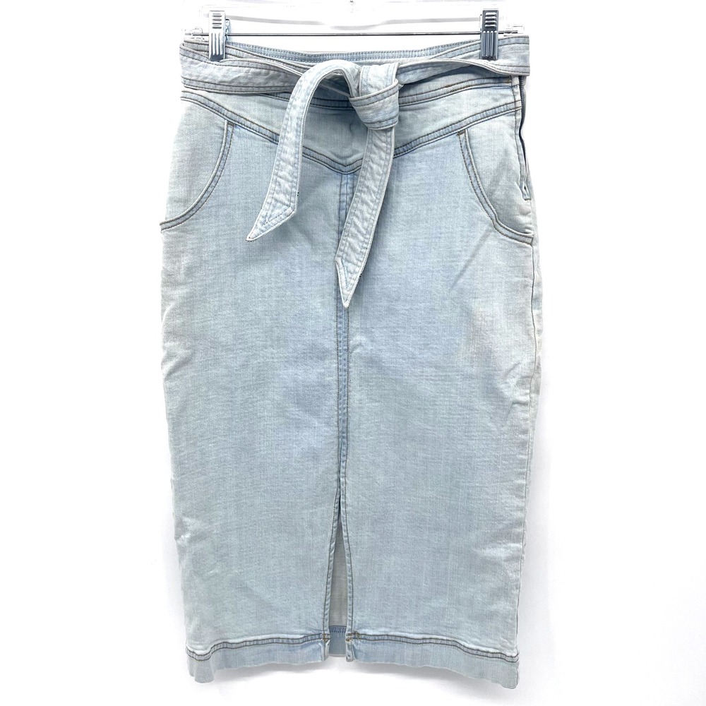 FREE PEOPLE Women's Size 6 Light-Wash Denim Below-Knee Skirt Waist Tie Stretch